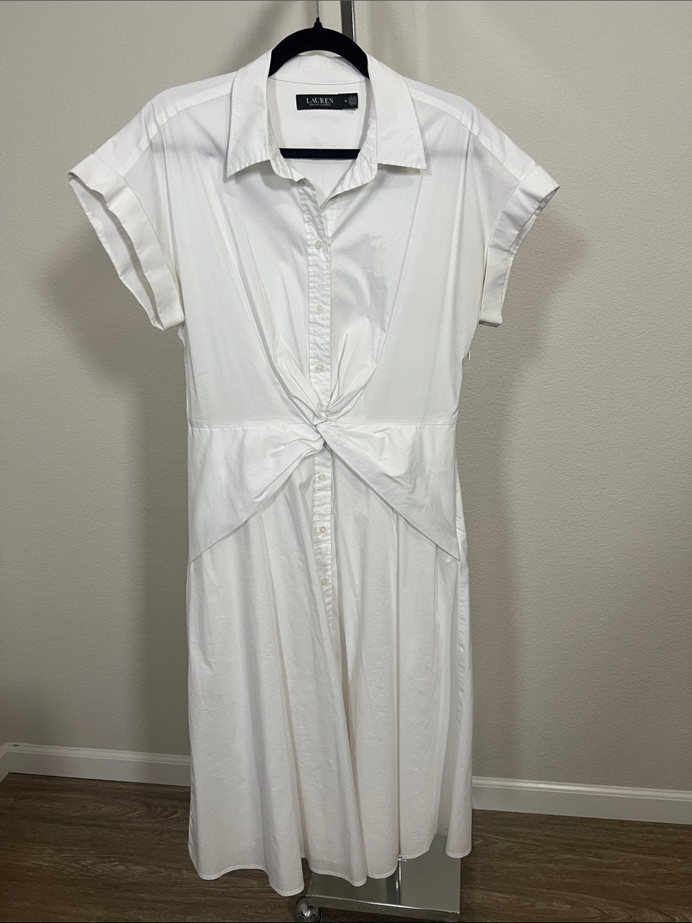 Lauren Ralph Lauren 100% Cotton White Knot-Front Midi Shirt Dress size 10 - Picture 2 of 6